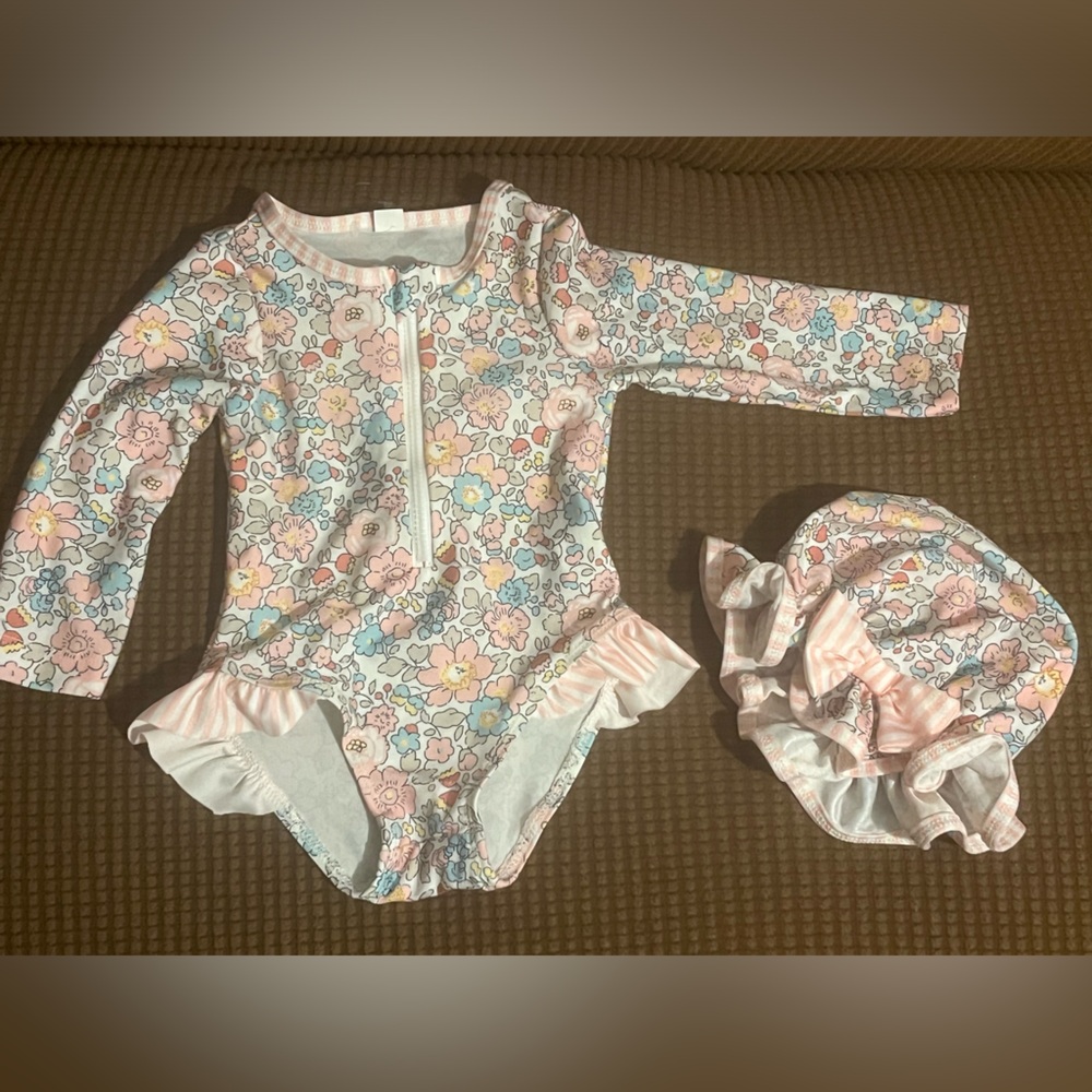 BABY Floral Rash Guard & Hat Set w/ zipper - 9-18M (size 80)